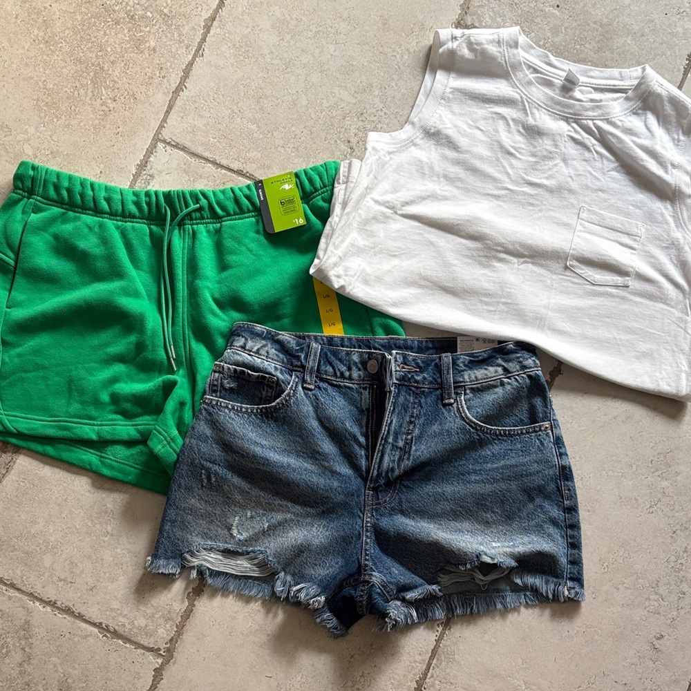 White Tank Top, Green Shorts, and Denim Shorts Set - brand new